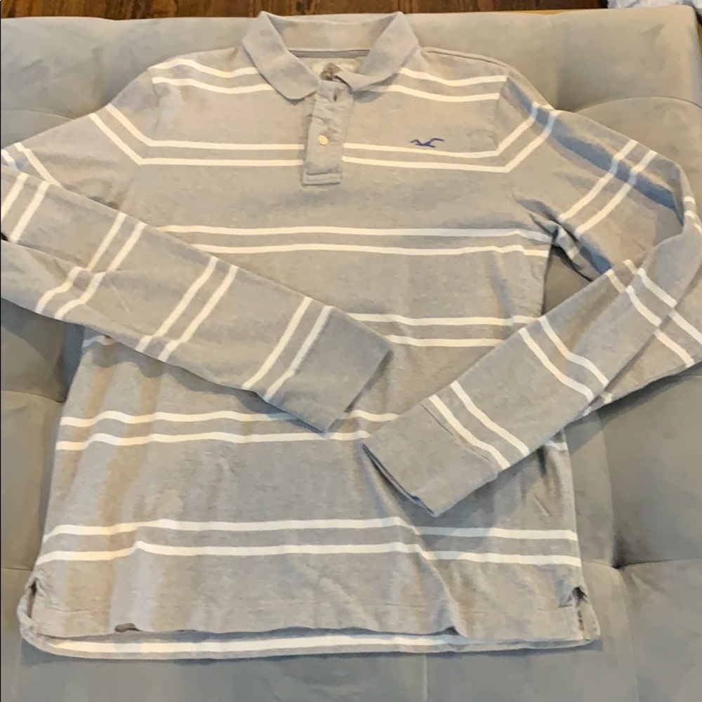 Hollister Grey Gray Striped Long Sleeve Polo Large